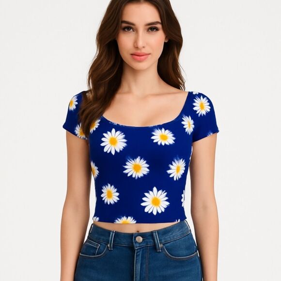 Shein blue daisy cropped  top, S - Picture 1 of 6